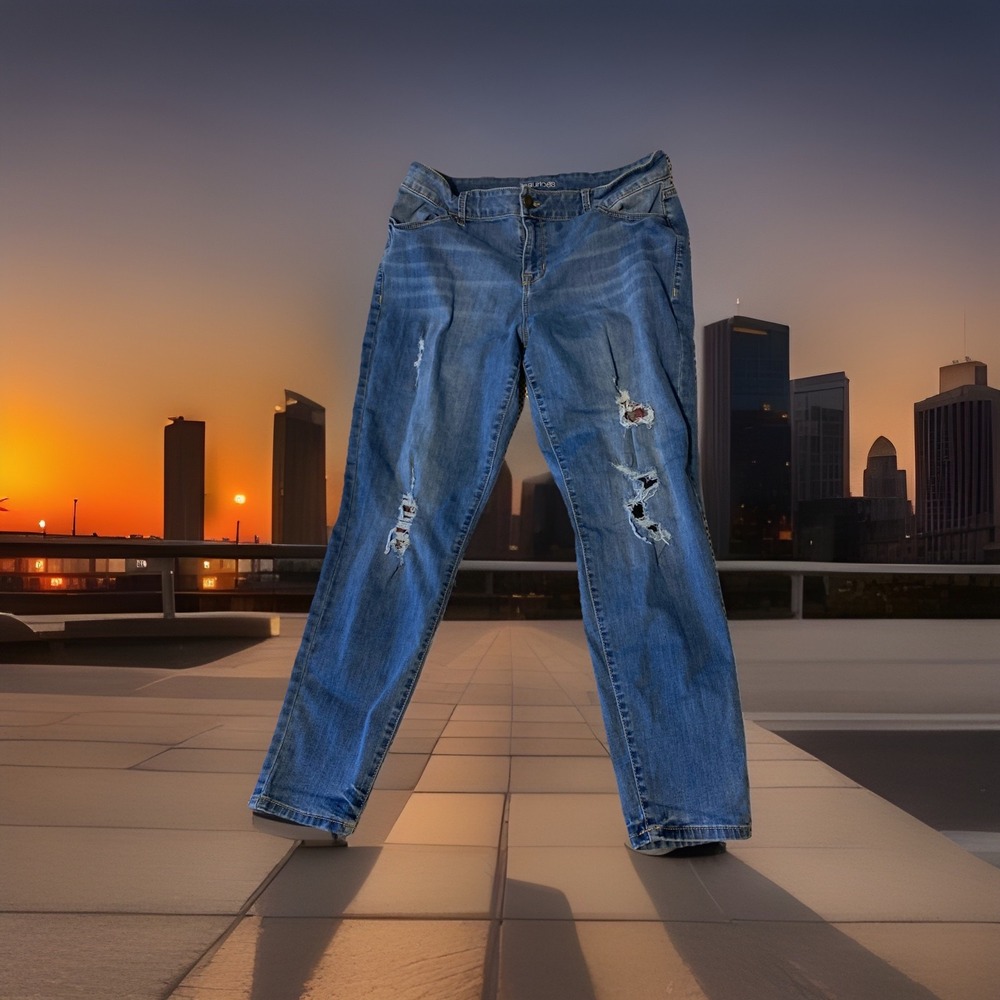 Maurices High Rise Distressed‎ Blue Jeans womans Plaid Patches sz XL